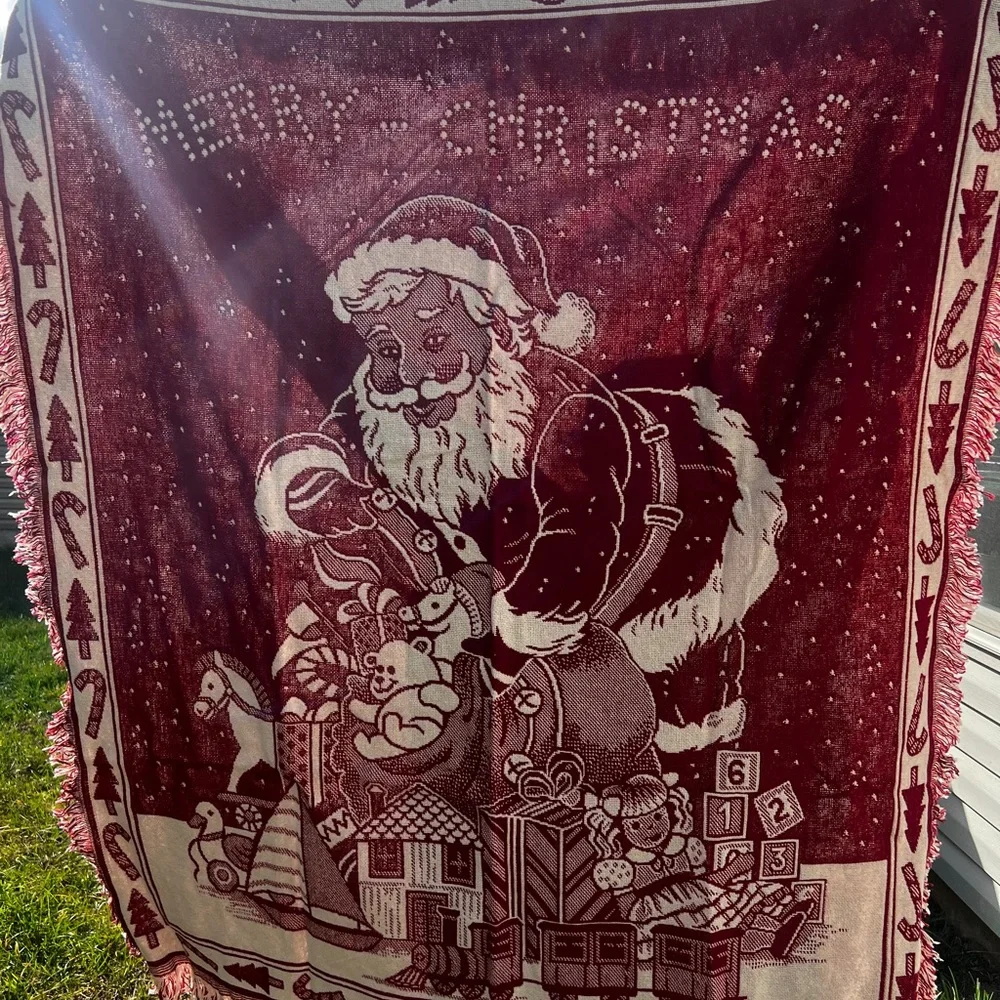 VTG Creepy Eyed Santa Tapestry Throw Blanket 58x47 Christmas
